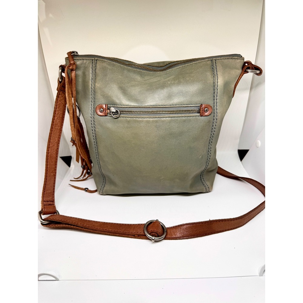 The Sak Ashland Leather Crossbody Bag Sage Green Brown Fringe Tassel Boho Hobo